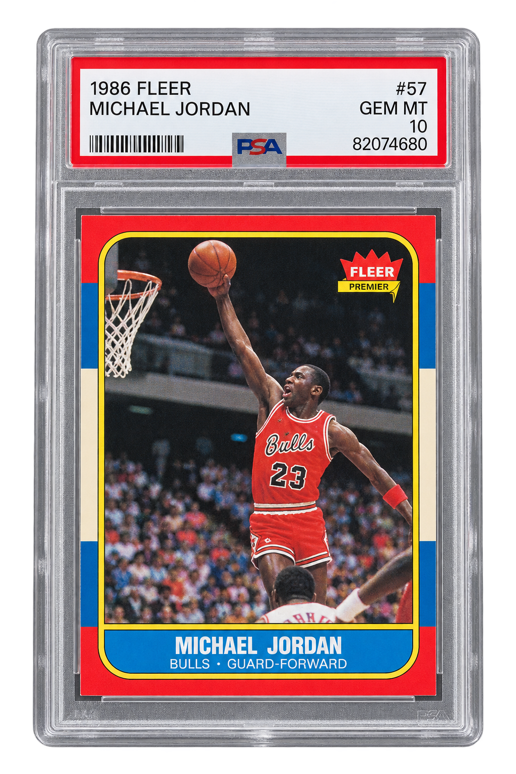 1986 Fleer Michael Jordan rookie card in a PSA Gem Mint 10 slab